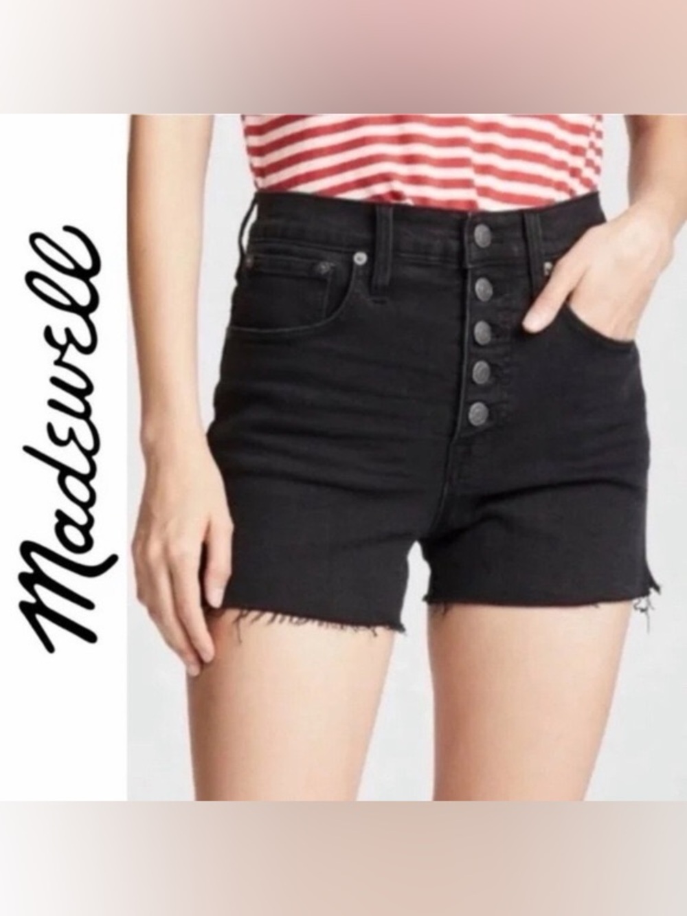 Madewell High-Rise Denim Boyshorts Button-Through Edition in Lunar Black. - Picture 2 of 2